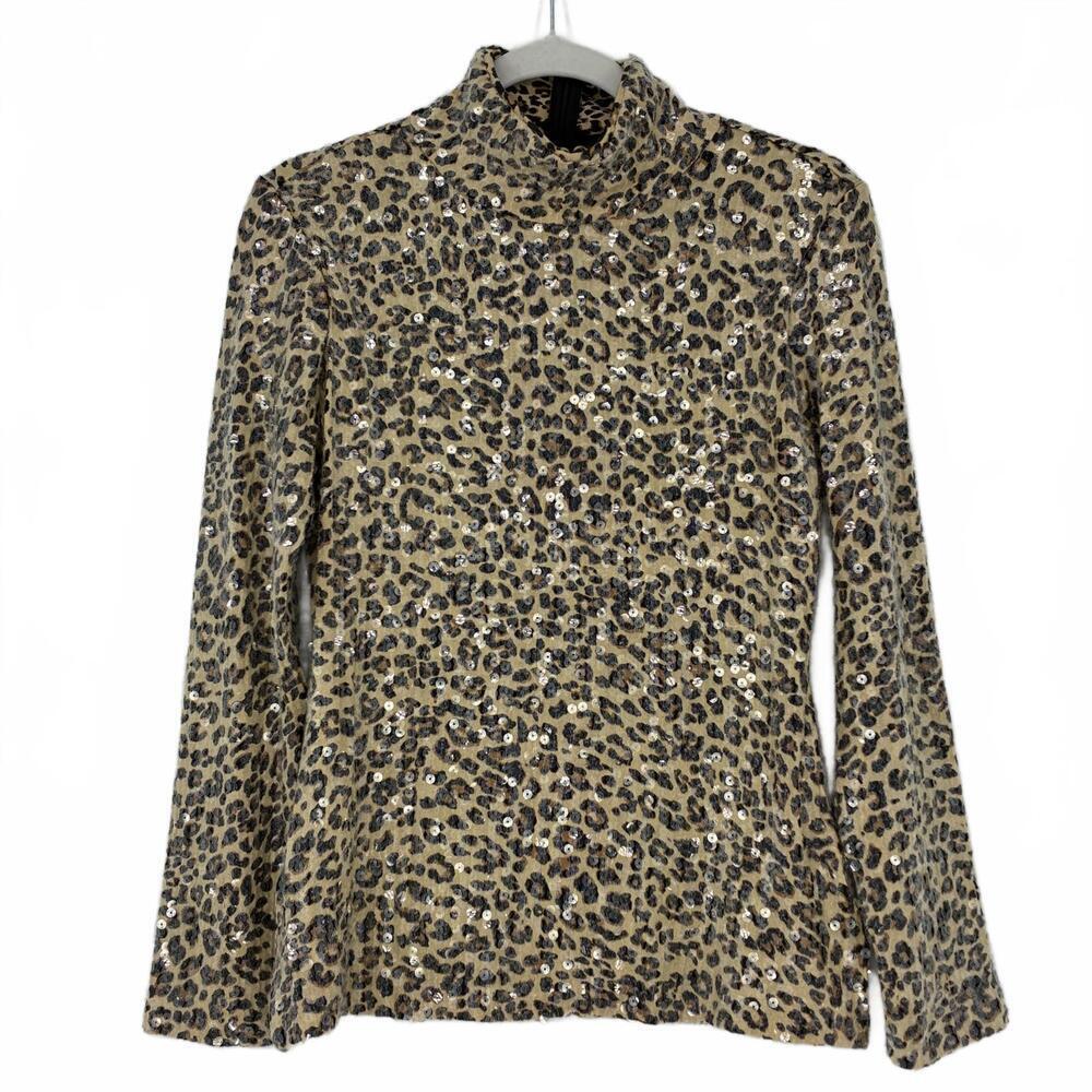 Boston Proper Leopard Print Sequin Long Sleeve Mockneck Top, M - Picture 2 of 10
